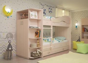 Двухэтажная детская кровать Мая на щитах со шкафом и ящиками, цвет Млечный дуб в Уссурийске