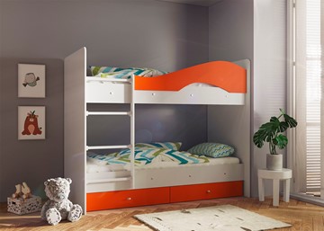 Кровать двухъярусная Мая с 2 ящиками на щитах, корпус Млечный дуб, фасад Оранжевый в Артеме