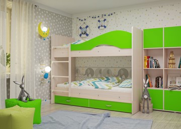 Детская двухъярусная кровать Мая с 2 ящиками на щитах, корпус Млечный дуб, фасад Салатовый во Владивостоке - предосмотр 1