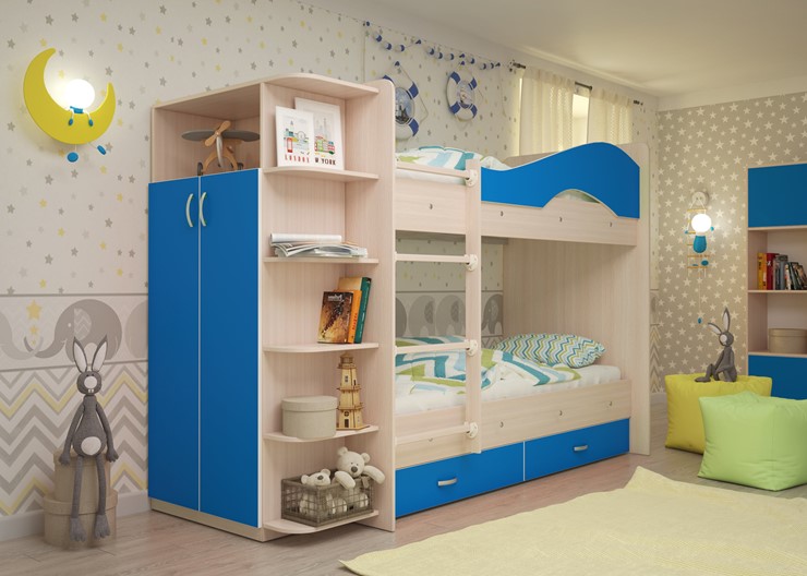 Детская 2-этажная кровать Мая с 2 ящиками на щитах, корпус Млечный дуб, фасад Синий во Владивостоке - изображение 1