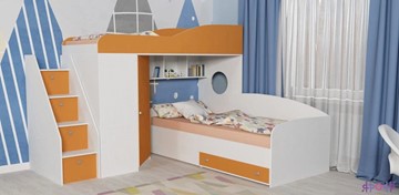Детская кровать-чердак Кадет-2 с универсальной лестницей, корпус Белое дерево, фасад Оранжевый во Владивостоке