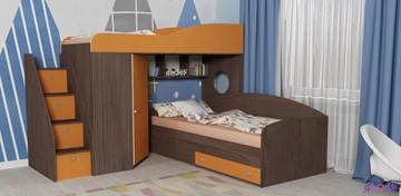 Детская кровать-шкаф Кадет-2 с универсальной лестницей, корпус Ясень анкор темный, фасад Оранжевый в Артеме