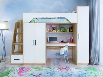 Кровать-чердак детская с шкафом Тея, каркас Ясень, фасад Белый в Уссурийске
