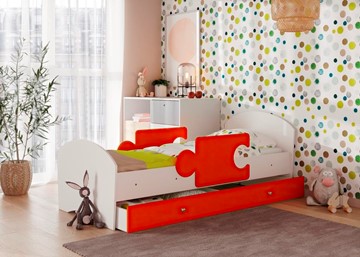 Детская кровать с ящиком и бортиками ТМК Мозайка, корпус Белый/фасад Оранжевый (ламели) в Артеме