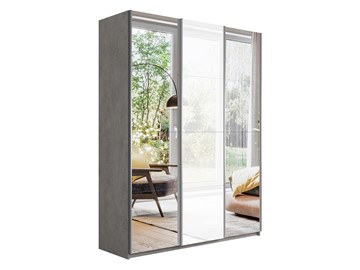 Шкаф 3-дверный Широкий Прайм (2 Зеркала / Стекло белое) 2400x570x2300, Бетон в Уссурийске