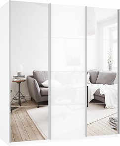 Шкаф трехстворчатый Прайм (Зеркало/Белое стекло/Зеркало) 1800x570x2300, белый снег во Владивостоке