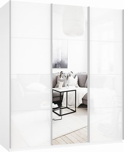 Шкаф трехдверный Прайм (Белое стекло/Зеркало/Белое стекло) 1800x570x2300, белый снег в Артеме