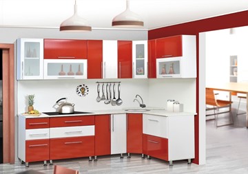 Кухонный угловой гарнитур Мыло 224 2600х1600, цвет Красный/Белый металлик в Находке