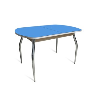 Кухонный обеденный стол ПГ-05 СТ2, дуб молочный/синие стекло/35 хром гнутые металл в Артеме