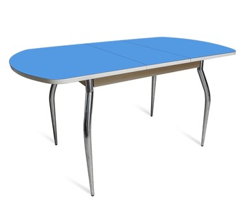 Кухонный раздвижной стол ПГ-07 СТ2, дуб молочный/синие стекло/35 хром гнутые металл в Находке