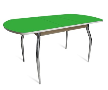 Обеденный раздвижной стол ПГ-07 СТ2, дуб молочный/зеленое стекло/35 хром гнутые металл в Артеме