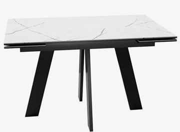 Стеклянный кухонный стол раздвижной DikLine SFM120 Стекло Белый мрамор САТИН/подстолье черное/опоры черные в Уссурийске