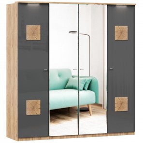 Шкаф 4х-дверный Фиджи с 2 зеркалами и декоративными накладками, Дуб золотой/Антрацит во Владивостоке