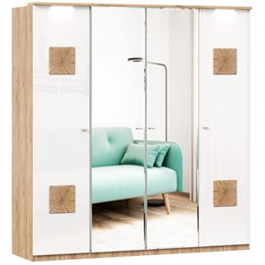 4-створчатый шкаф Фиджи с 2 зеркалами и декоративными накладками, Дуб золотой/Белый во Владивостоке