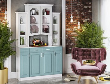 Кухонный шкаф Констанция 4-х створчатый, белый матовый/голубой в Артеме