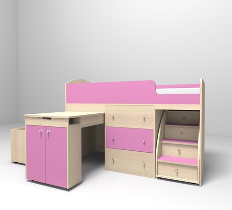 Детская кровать-чердак Малыш 1600, корпус Дуб, фасад Розовый в Артеме - изображение