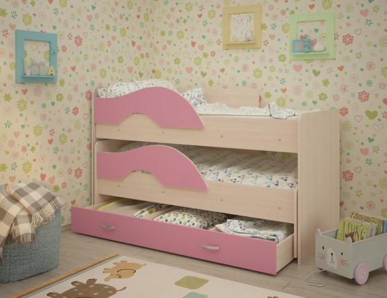 Детская двухэтажная кровать Радуга 1.6 с ящиком, корпус Млечный дуб, фасад Розовый во Владивостоке - изображение