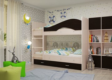 Детская  двухъярусная кровать Мая с 2 ящиками на щитах, корпус Млечный дуб, фасад Венге во Владивостоке - предосмотр 1