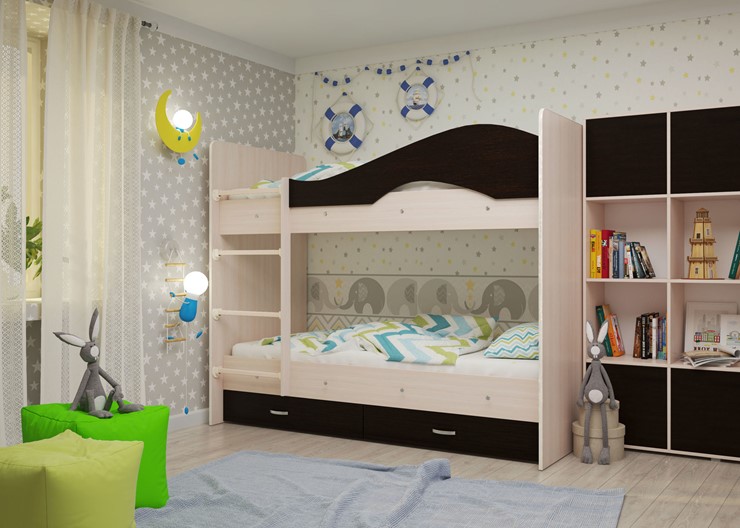 Детская  двухъярусная кровать Мая с 2 ящиками на щитах, корпус Млечный дуб, фасад Венге в Артеме - изображение 1