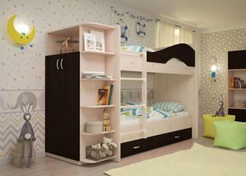 Детская  двухъярусная кровать Мая с 2 ящиками на щитах, корпус Млечный дуб, фасад Венге в Артеме - предосмотр 2