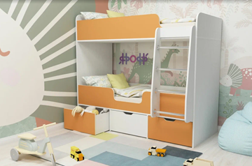 Двухъярусная детская кровать Малыш двойняшка 70х160, корпус Белое дерево, фасад Оранжевый во Владивостоке - предосмотр