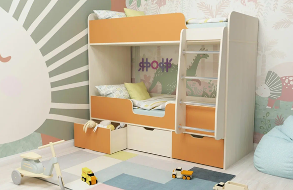 Детская 2-ярусная кровать Малыш двойняшка 70х160, корпус Дуб молочный, фасад Оранжевый в Артеме - изображение