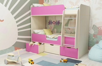 Двухъярусная кровать Малыш двойняшка 70х160, корпус Дуб молочный, фасад Розовый в Артеме - предосмотр