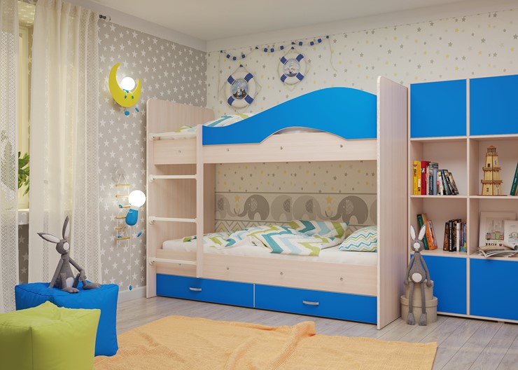 Детская двухэтажная кровать Мая на щитах, корпус Млечный дуб, фасад Синий во Владивостоке - изображение 1
