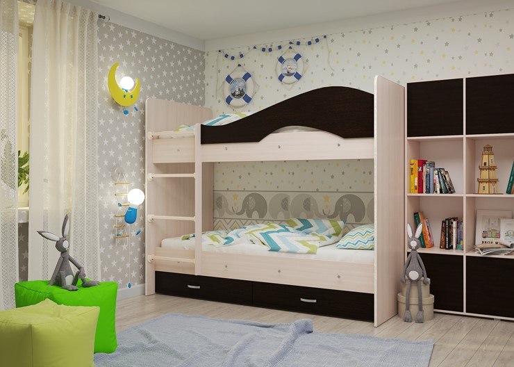 Детская 2-этажная кровать Мая на щитах, корпус Млечный дуб, фасад Венге в Артеме - изображение 1