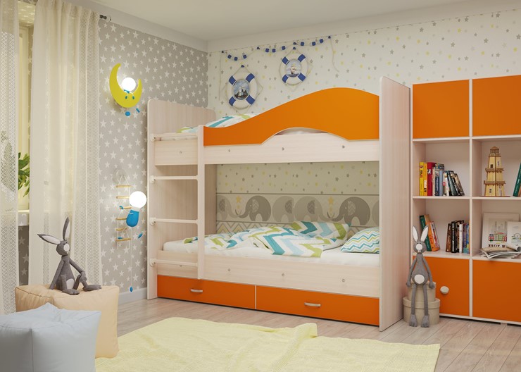Детская двухэтажная кровать Мая на щитах со шкафом и ящиками, корпус Млечный дуб, фасад Оранжевый во Владивостоке - изображение 1