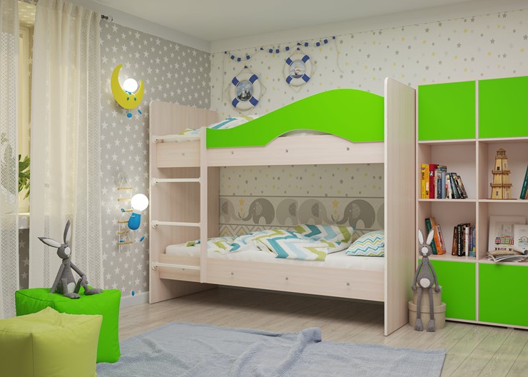 Двухэтажная кровать Мая на щитах со шкафом и ящиками, корпус Млечный дуб, фасад Салатовый во Владивостоке - изображение 2