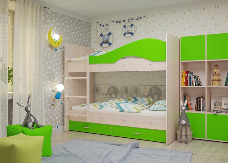 Двухэтажная кровать Мая на щитах со шкафом и ящиками, корпус Млечный дуб, фасад Салатовый во Владивостоке - изображение 1