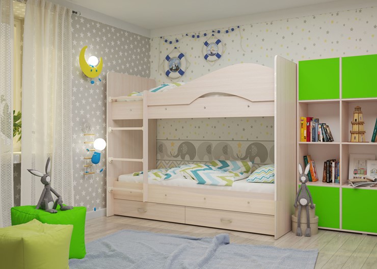 Двухэтажная детская кровать Мая с 2 ящиками на щитах, цвет Млечный дуб во Владивостоке - изображение 1