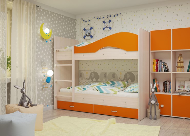 Кровать двухъярусная Мая с 2 ящиками на щитах, корпус Млечный дуб, фасад Оранжевый во Владивостоке - изображение 3