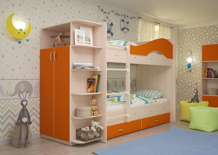Кровать двухъярусная Мая с 2 ящиками на щитах, корпус Млечный дуб, фасад Оранжевый во Владивостоке - изображение 1