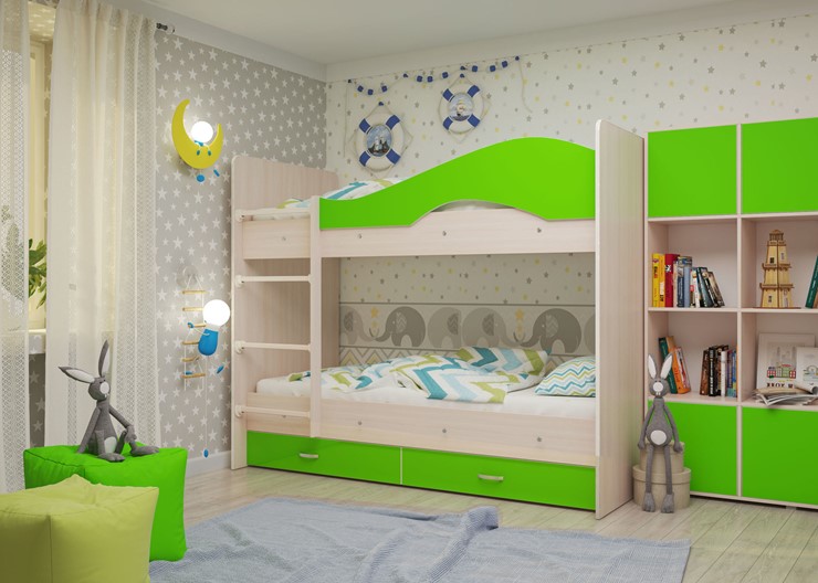 Детская двухъярусная кровать Мая с 2 ящиками на щитах, корпус Млечный дуб, фасад Салатовый в Артеме - изображение 1