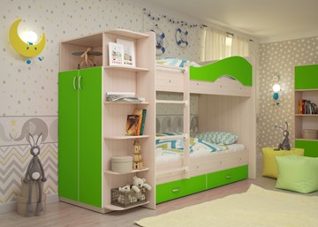 Детская двухъярусная кровать Мая с 2 ящиками на щитах, корпус Млечный дуб, фасад Салатовый в Артеме - предосмотр 2