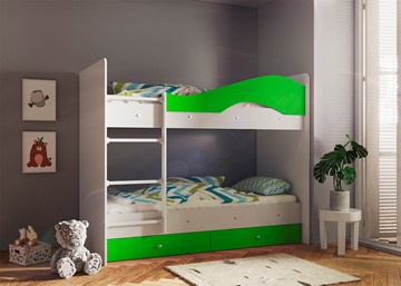 Детская двухъярусная кровать Мая с 2 ящиками на щитах, корпус Млечный дуб, фасад Салатовый в Находке - предосмотр