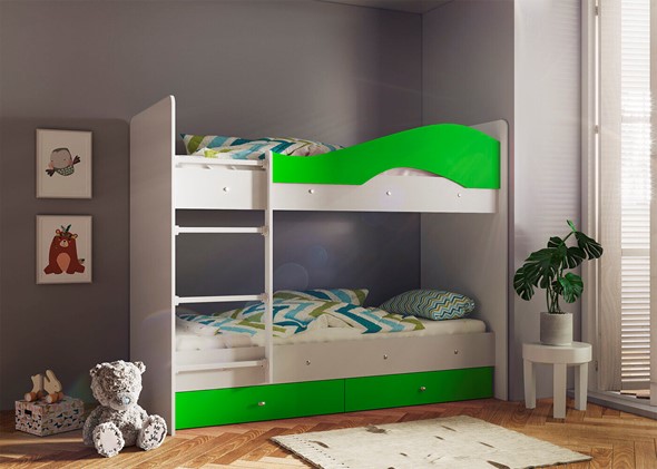 Детская двухъярусная кровать Мая с 2 ящиками на щитах, корпус Млечный дуб, фасад Салатовый в Артеме - изображение