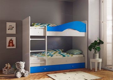 Детская 2-этажная кровать Мая с 2 ящиками на щитах, корпус Млечный дуб, фасад Синий в Находке - предосмотр