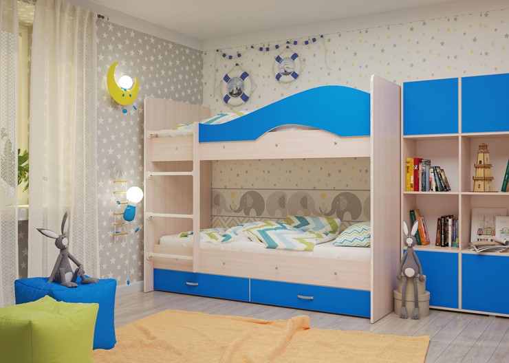 Детская 2-этажная кровать Мая с 2 ящиками на щитах, корпус Млечный дуб, фасад Синий в Артеме - изображение 3