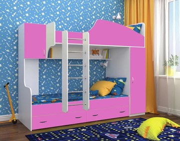 Детская кровать-шкаф Юниор-2, каркас Белое дерево, фасад Розовый в Уссурийске
