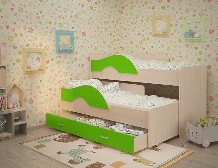 Детская 2-ярусная кровать Радуга 1.6 с ящиком, корпус Млечный дуб, фасад Салатовый во Владивостоке - изображение 1