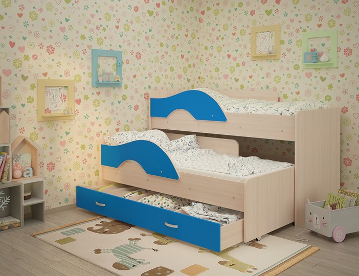 Двухъярусная кровать Радуга 1.6 с ящиком, корпус Млечный дуб, фасад Синий во Владивостоке - изображение 1