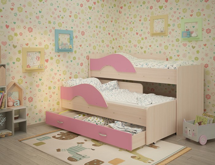 Детская двухэтажная кровать Радуга 1.6 с ящиком, корпус Млечный дуб, фасад Розовый во Владивостоке - изображение 1