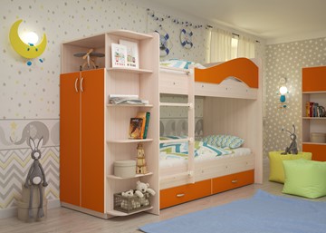 Детская двухэтажная кровать Мая на щитах со шкафом и ящиками, корпус Млечный дуб, фасад Оранжевый в Находке