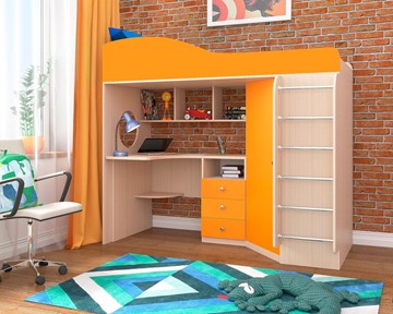 Кровать-чердак в детскую Кадет-1 с металлической лестницей, корпус Дуб, фасад Оранжевый во Владивостоке - предосмотр
