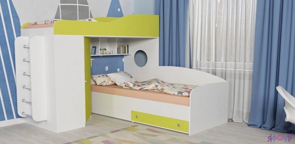 Кровать-чердак детская Кадет-2 с металлической лестницей, корпус Белое дерево, фасад Лайм в Артеме - изображение