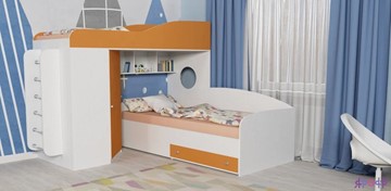 Кровать-чердак в детскую Кадет-2 с металлической лестницей, корпус Белое дерево, фасад Оранжевый во Владивостоке - предосмотр