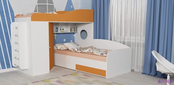 Кровать-чердак в детскую Кадет-2 с металлической лестницей, корпус Белое дерево, фасад Оранжевый во Владивостоке - изображение
